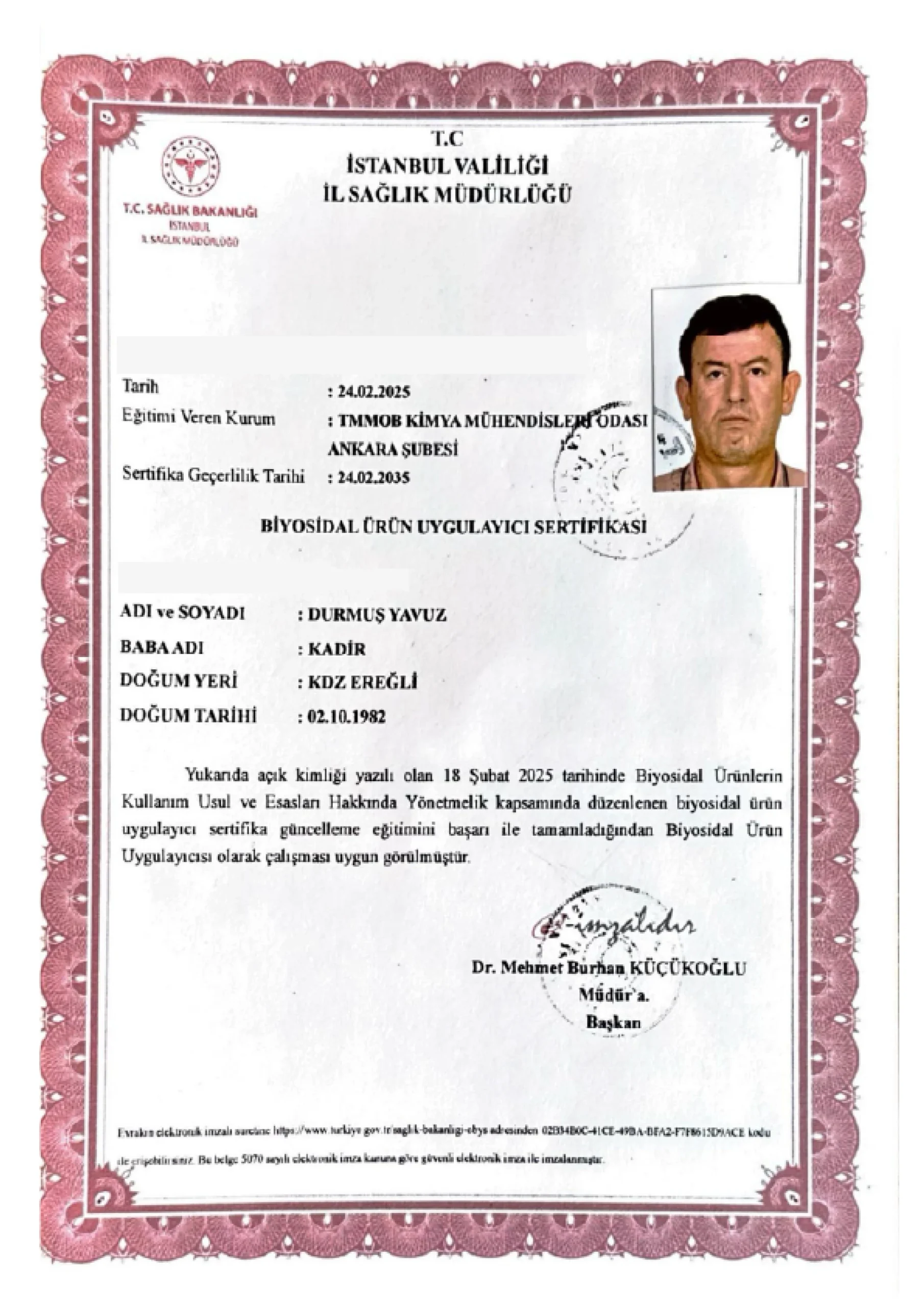 Durmuş Yavuz Biyodisal Sertifikası